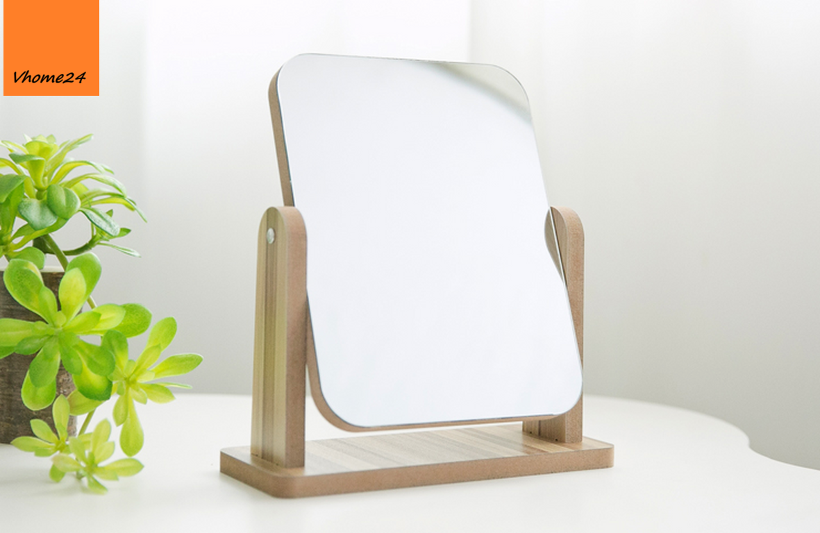 Gương gỗ để bàn - Gương trang điểm mini - Gương gỗ mini 1 mặt in logo